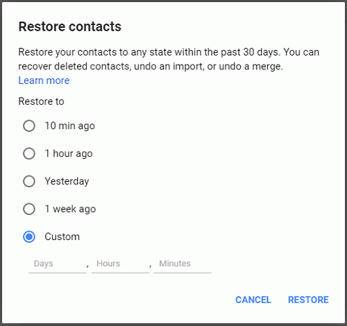 restore contacts gmail