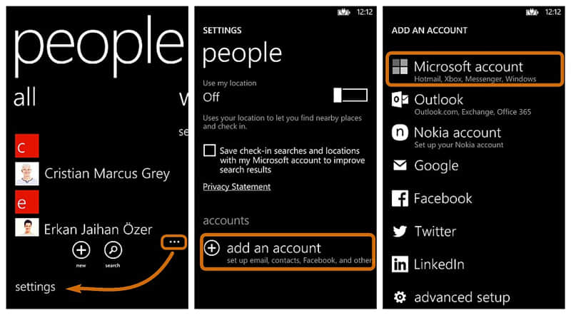 add Microsoft account on win phone to sign in outlook