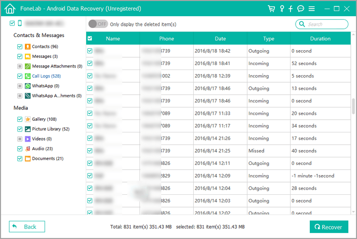 scan and recover android call history