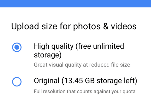 choose pictures upload sizes google photos