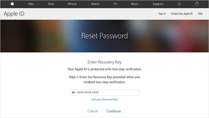 apple id two step recovery key