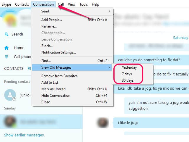 view old skype messages