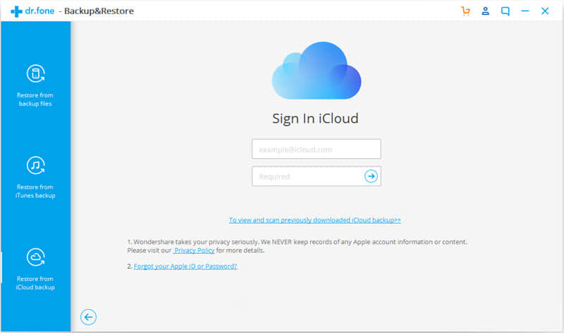 log in icloud account to restore from backup