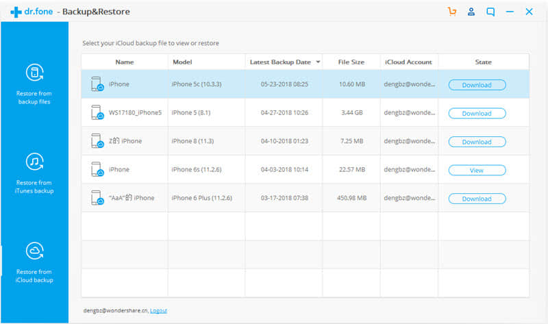 select a icloud backup file from the list