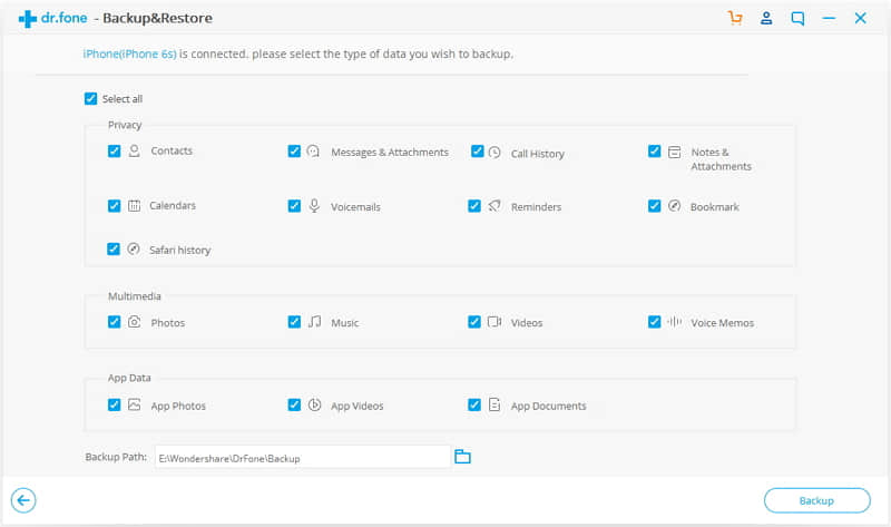 choose data type to backup and restore ios