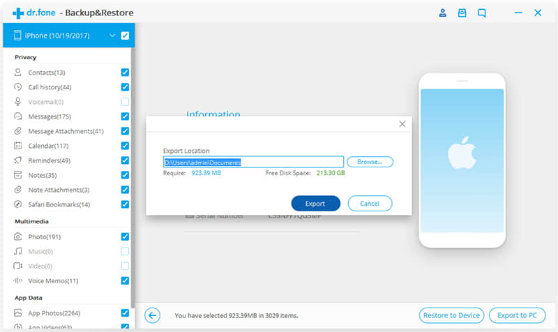 iselect folder to export your ios data