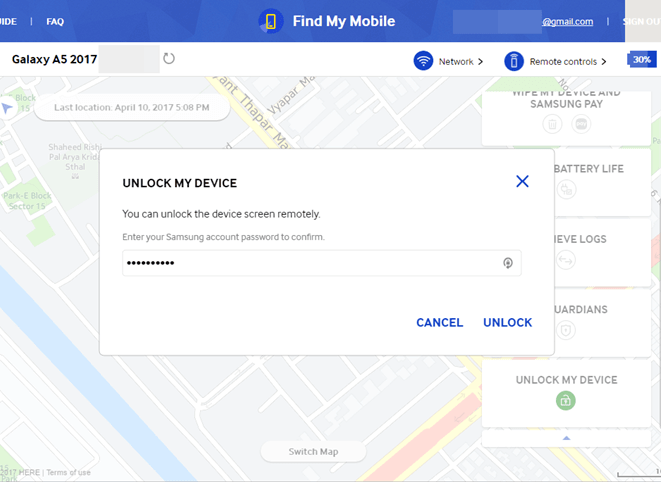 enter password and confirm unlock samsung remotely