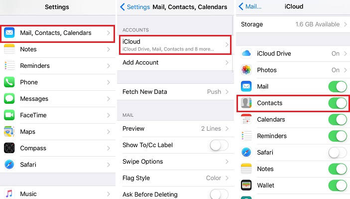 switch off and on contacts in icloud