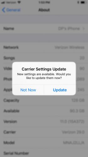 carrier settings update prompt