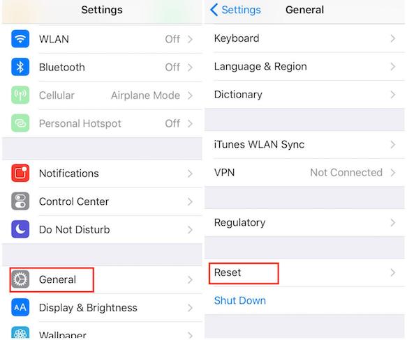 choose reset in settings on ios device