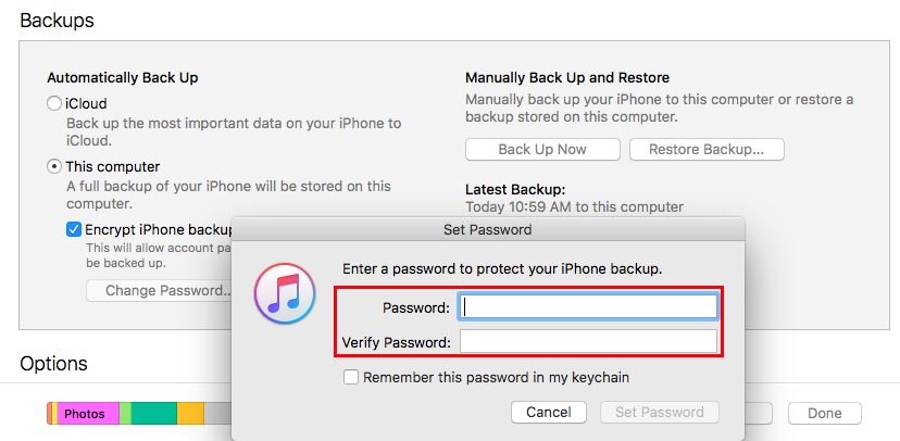 set new itunes backup password