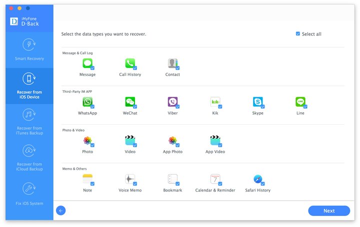 select data types to recover from ios device