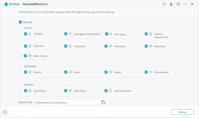 select data type to backup from ios device