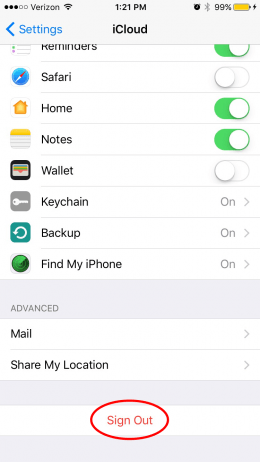 find the sign out on iphone to wipe privacy info