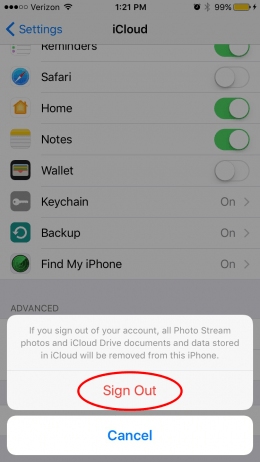 sign out of your icloud around