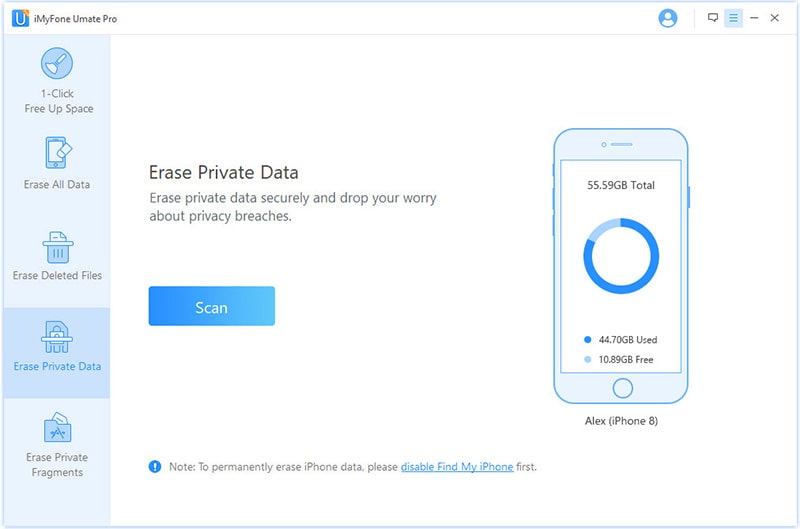 click erase private data and scan ios device
