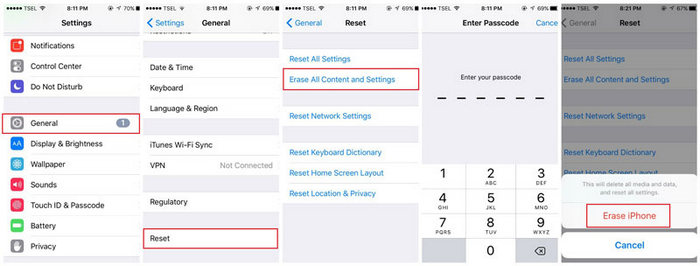 use settings app to reset iphone without itunes