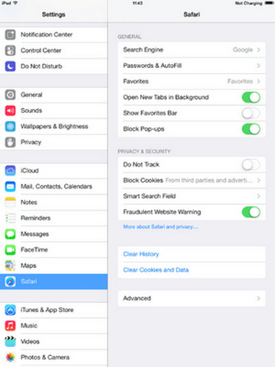 delete ipad broswing history via settings app