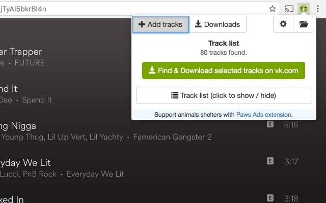 find and download selected tracks on vk.com
