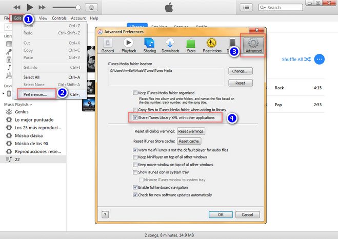 turn on share itunes library xml with other application