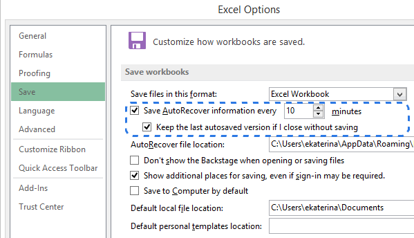 change the excel automatic save frequency