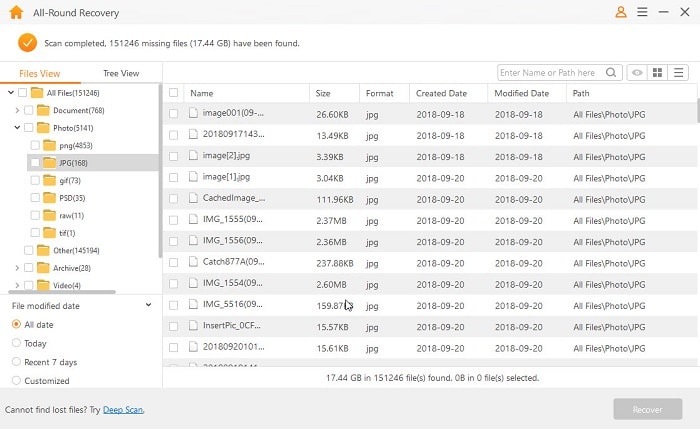 choose all-round recovery mode to scan sandisk card