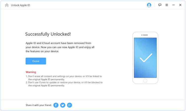 successfully unlocked from apple id and icloud account