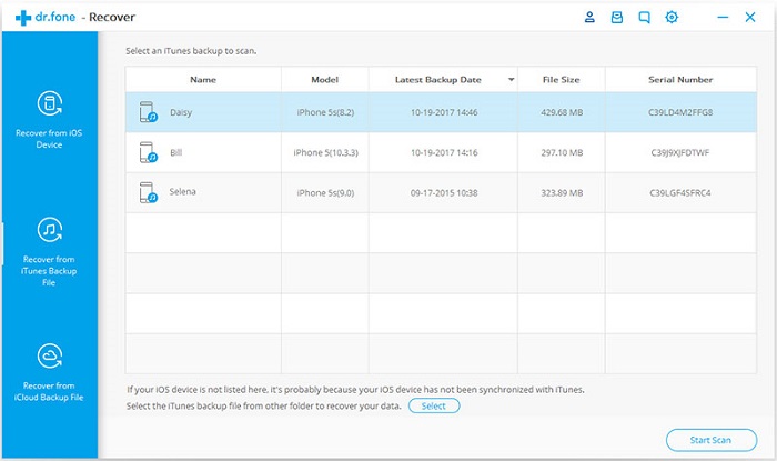 select itunes backup to scan