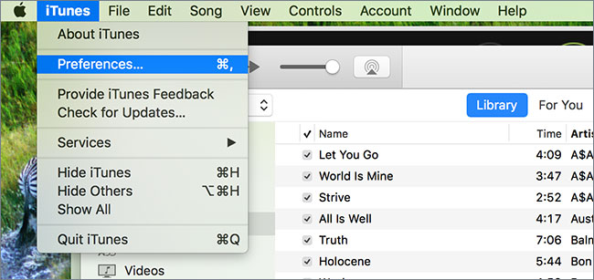 select preferences on itunes