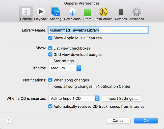 import settings on itunes