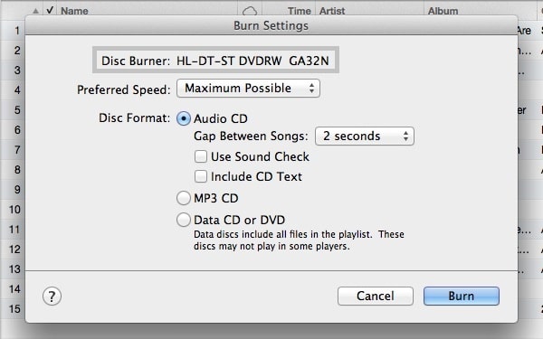 start burn cd settings