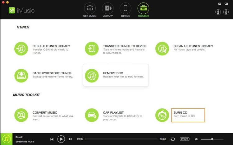 seletc burn cd feature in imusic toolbox