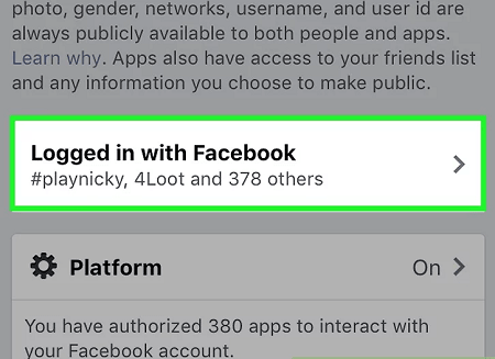 find logged in with facebook in setting