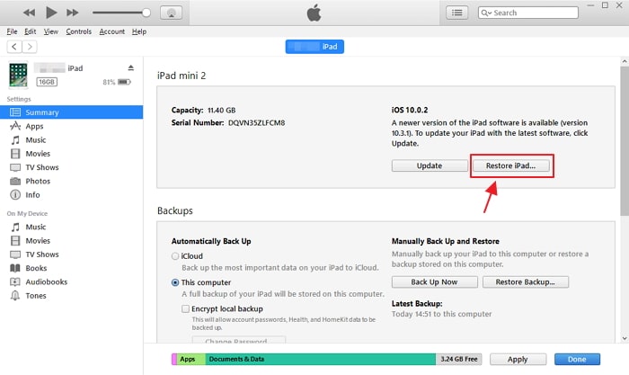 restore ipad on itunes remove apple id