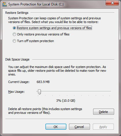restore system settings and previous versions of files