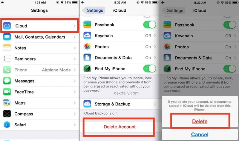 delete icloud account from iphone on ios 12 or 11