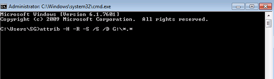 type "attrib -h -r -s /s /d h:*.*" into the window