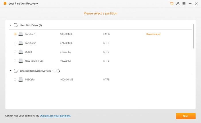 select a partition via lost partition recovery