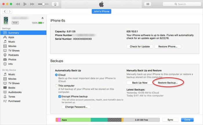 restore backup from itunes to find phone numbers