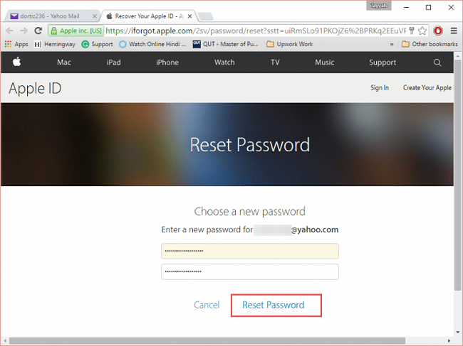enter new password to reset password