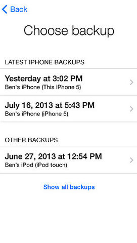 choose a backup to start restore iphone process