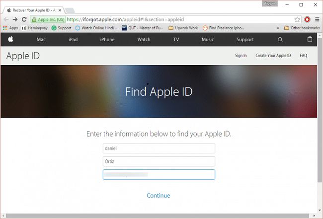 enter info to continue to find apple id