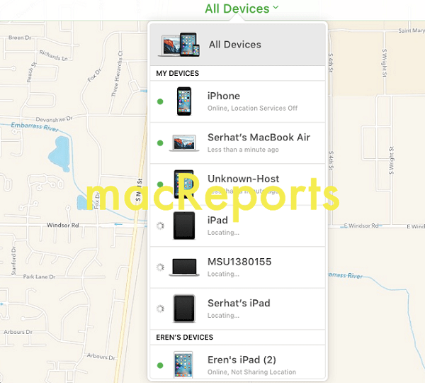 select a apple device via find my iphone