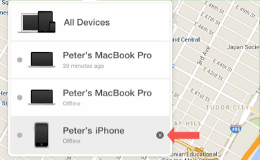 select the device and click x to disable find my iphone