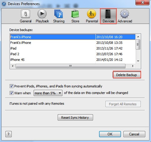delete backup on itunes via preferences