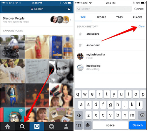 clear search history in instagram search bar
