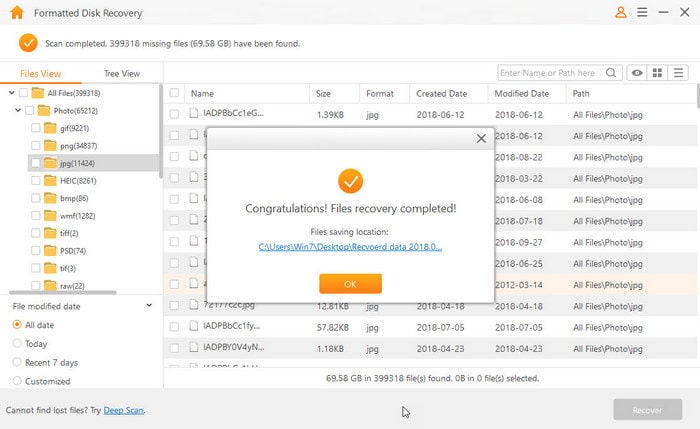 files recovery completed from formatted hard drive
