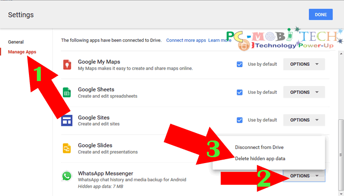 choose delete hidden app data on google drive