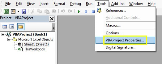 find and click the vbaproject properties