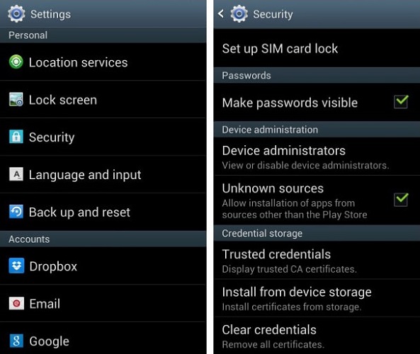 tick unknown source option on android settings